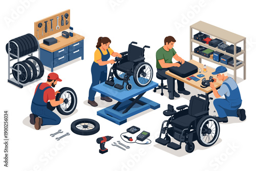 Wheelchair repair shop with technicians working on mobility devices and spare parts