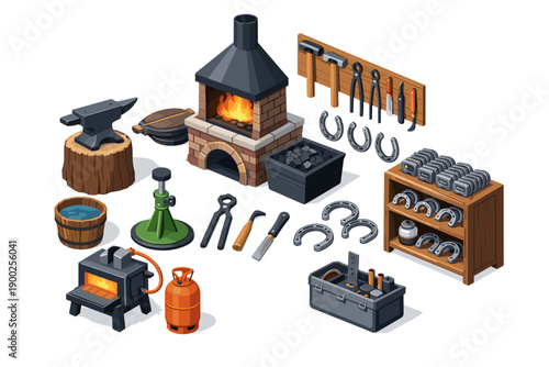 Collection of blacksmithing tools and equipment for horseshoe making