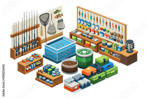 Fishing tackle shop with rods, nets, lures, bait, and tackle boxes displayed