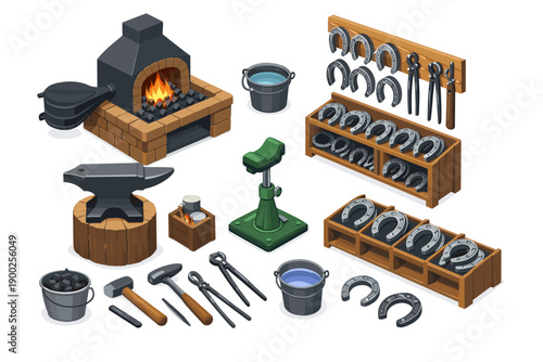 Blacksmith forge, anvil, horseshoes, and tools for metalworking and farriery