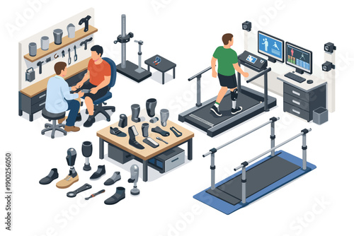Prosthetic limb fitting and rehabilitation center with patient on treadmill
