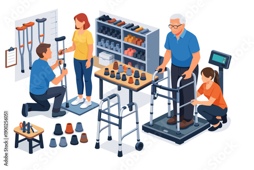 Rehabilitation center scene with people using mobility aids and medical equipment