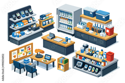 Isometric illustration of a modern retail store interior with various products and displays