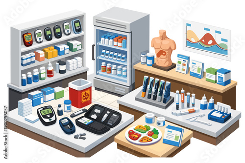 Diabetes care supplies and medical equipment display in a clinic or pharmacy setting