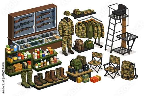 Hunting and outdoor gear store display with camouflage clothing, rifles, and camping equipment