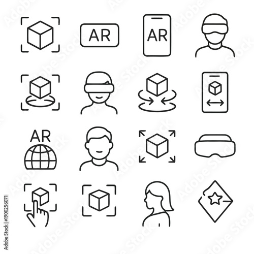 Augmented reality and virtual reality icons depicting devices and user interfaces high quality