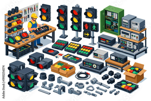 Traffic signal components and technician assembling parts on a workbench
