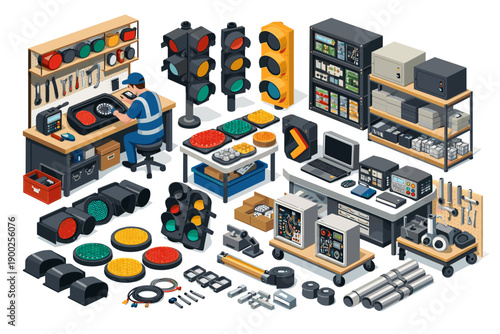 Traffic signal components and technician assembling a traffic light system on workbench
