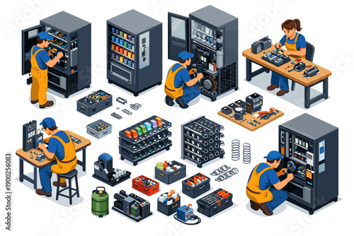 Technicians performing maintenance and repair on vending machines and electronic components