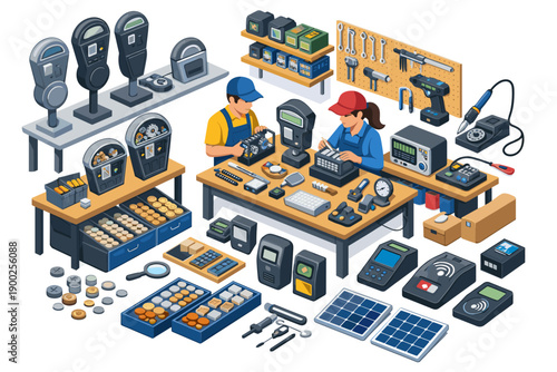 Technicians assembling and repairing electronic devices and components in a workshop setting