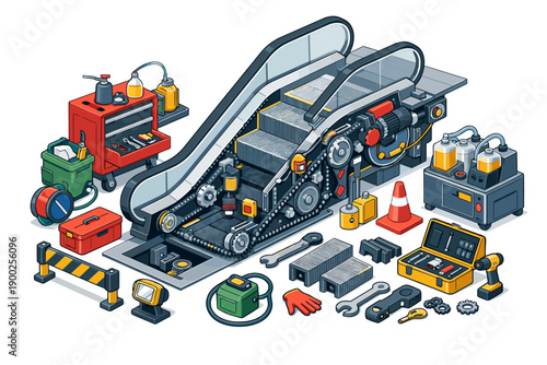 Escalator maintenance and repair with tools and equipment illustration