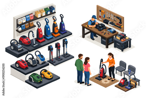 Vacuum cleaner store and repair shop with customers and technician