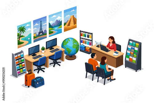 Travel agency consultation with clients planning vacation destinations and booking trips