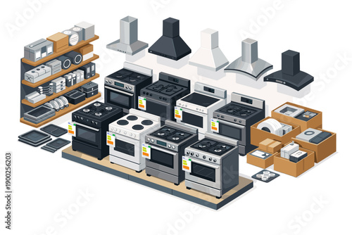 Isometric display of kitchen appliances including stoves, ovens, and range hoods in a store