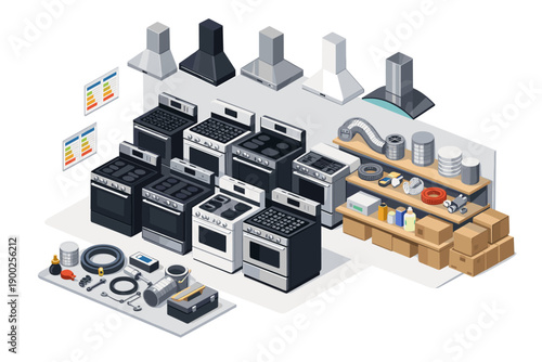 Isometric display of kitchen appliances and spare parts in a warehouse setting