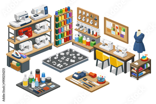 Isometric sewing room with sewing machines, threads, and mannequins