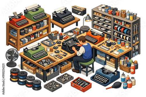 Man working on vintage typewriters in a cluttered workshop with tools and supplies