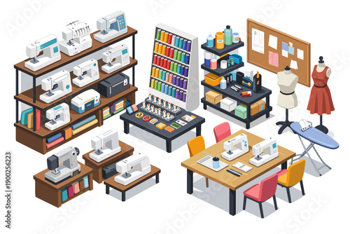 Isometric sewing room with sewing machines, threads, and mannequins displayed