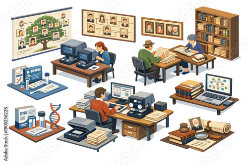 People researching genealogy and family history using computers and old documents