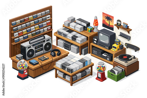 Retro electronics store display with boombox, vinyl records, and vintage gaming consoles