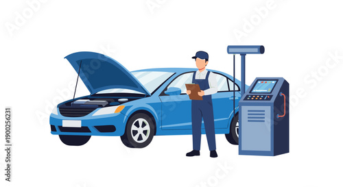 Skilled mechanic diagnosing a blue car using advanced digital diagnostic equipment and clipboard.