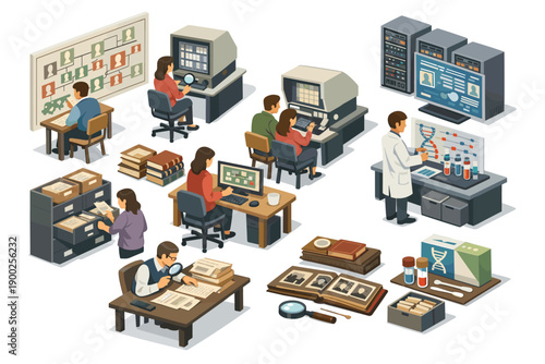 People working in an office, researching genealogy and genetics with computers and documents