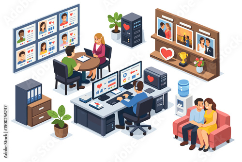 Online dating service operations with matchmaking and user profiles displayed