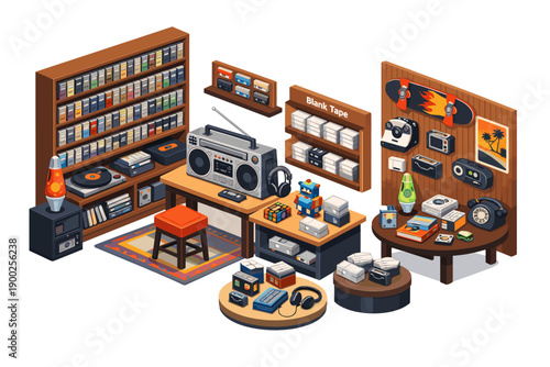 Retro technology and media collection displayed in a stylized isometric room setting