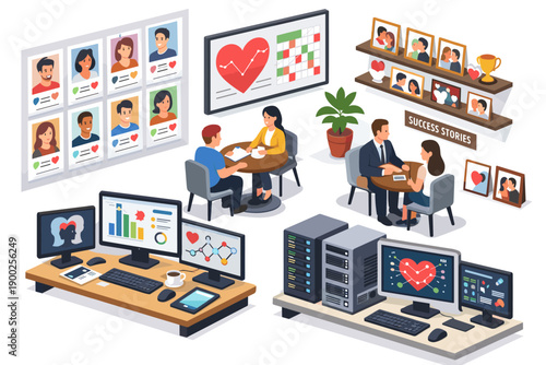 Online dating service success stories and user profiles displayed on screens