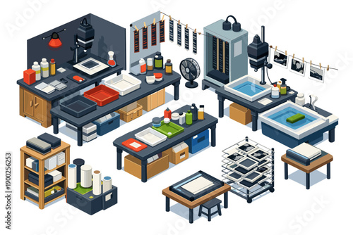 Isometric darkroom setup with developing trays, enlarger, and drying lines