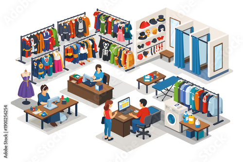 Isometric view of a costume shop with racks of clothing, sewing stations, and fitting rooms