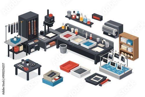 Vintage darkroom setup with enlarger, developing trays, and drying rack for film photography