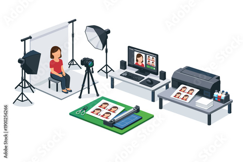 Professional photo studio setup for passport and ID pictures with digital processing and printing