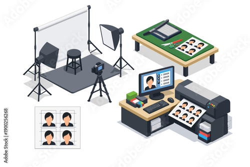 Illustration of a photo studio setup and printing station for ID photos