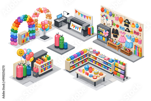Isometric illustration of a party supply store with balloons, costumes, and decorations