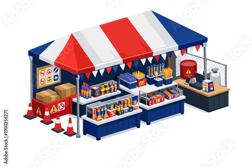 Isometric fireworks stand with colorful displays and safety cones, ready for sale