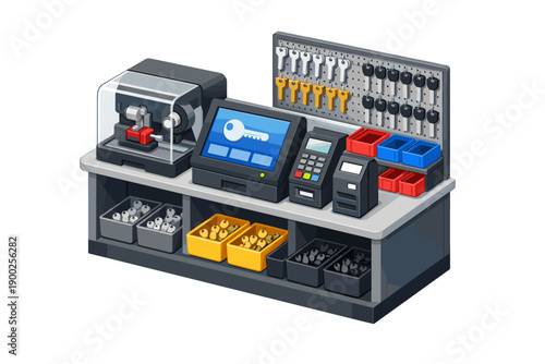 Key cutting machine and supplies displayed on a workbench in a locksmith shop