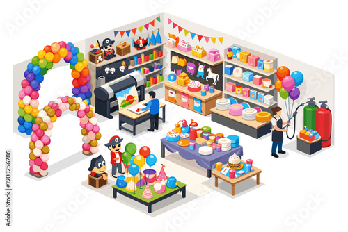 Isometric party supply store with balloons, cakes, and printing services