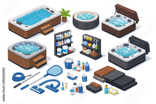 Isometric collection of hot tubs, spa accessories, and cleaning supplies