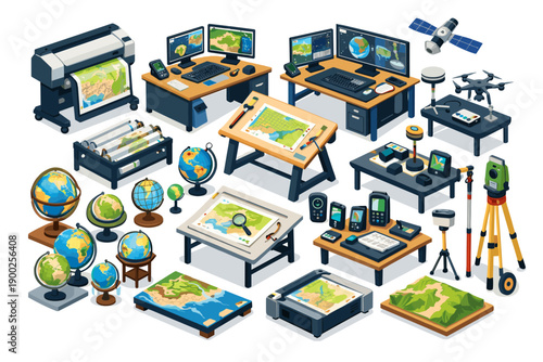 Collection of cartography and surveying equipment for mapping and geographic exploration