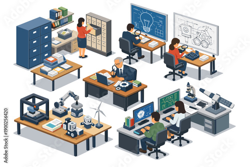 Isometric illustration of an engineering office with people working on projects and prototypes