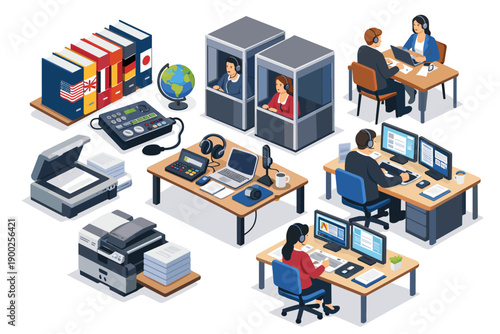 Isometric illustration of a modern translation and interpretation service office environment