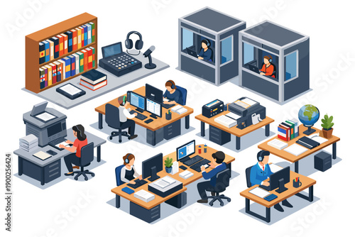 Isometric illustration of a modern office environment with people working at desks