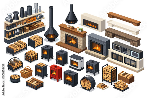 Collection of isometric fireplaces, wood stoves, and firewood storage solutions