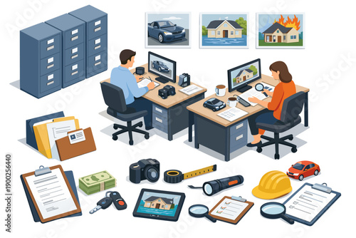 Insurance adjusters working on claims for car and home damage, reviewing documents