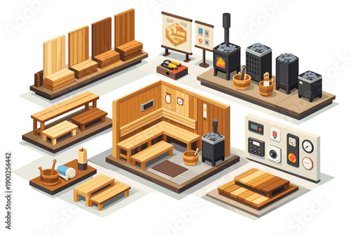 Isometric illustration of sauna elements and accessories, including benches, heaters, and control panels