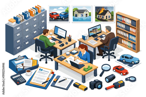 Insurance agents working in an office processing claims for car, flood, and fire damage