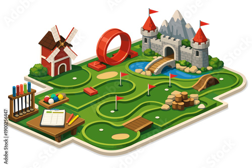 Whimsical miniature golf course with castle, windmill, and loop-the-loop obstacle