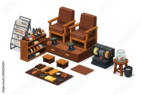 Illustration of a shoe shining station with chairs, brushes, polishes, and shoe care equipment