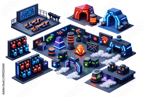 Futuristic isometric sci-fi city elements with neon lights and advanced technology